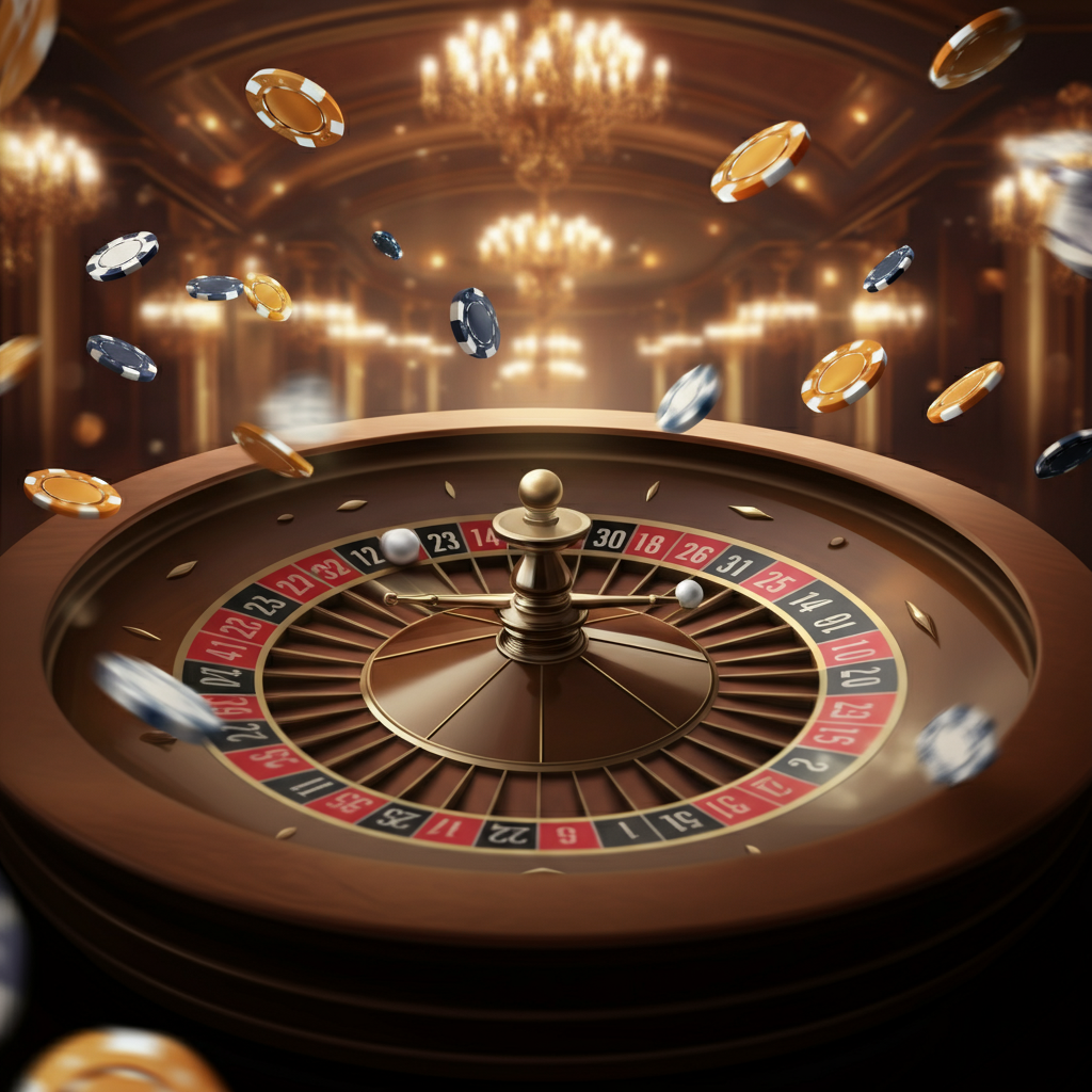"Feature image of a roulette wheel in motion with vibrant colors, casino chips, and a luxurious casino backdrop."