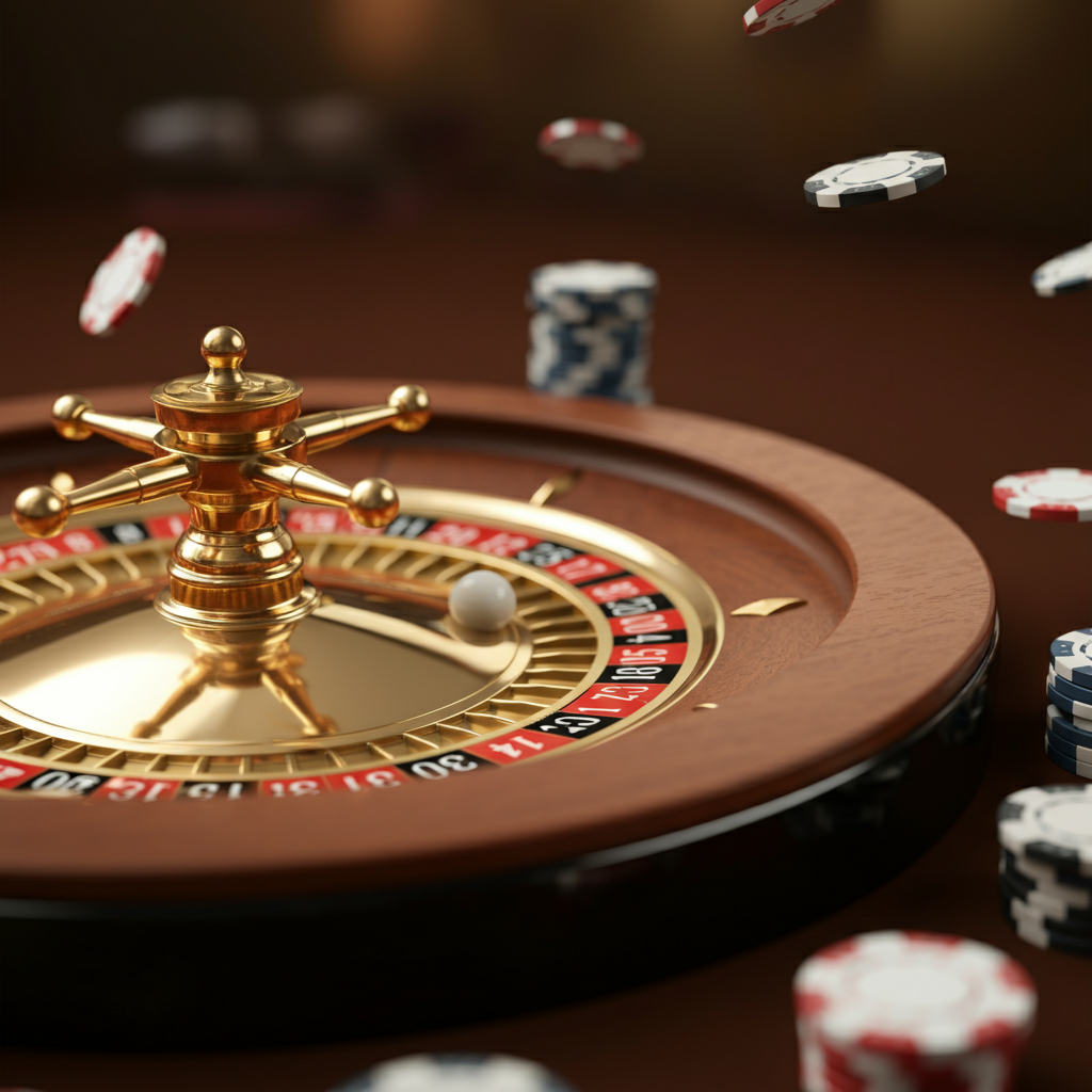 Exciting Roulette Wheel in Action with Casino Chips Close-up of a roulette wheel with the ball in motion, surrounded by stacks of colorful casino chips in a luxurious casino setting with soft lighting and rich colors