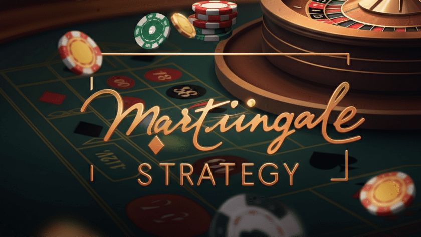 Roulette wheel and betting chips with the words 'Martingale Strategy' prominently displayed, symbolizing gambling strategies.