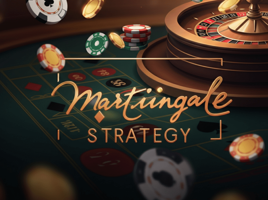 Roulette wheel and betting chips with the words 'Martingale Strategy' prominently displayed, symbolizing gambling strategies.