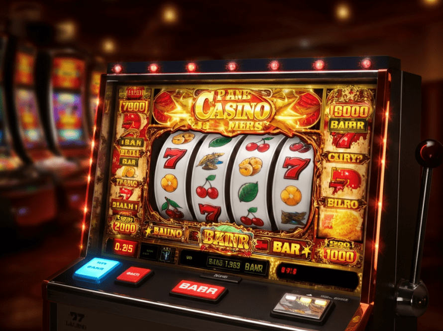 A colorful slot machine with spinning reels displaying symbols like cherries, sevens, and bars in a vibrant casino setting.