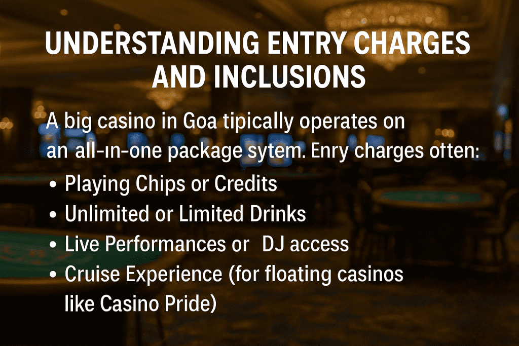 Casino package inclusions like entry chips, dinner, drinks, entertainment, and cruise experience in Goa.








