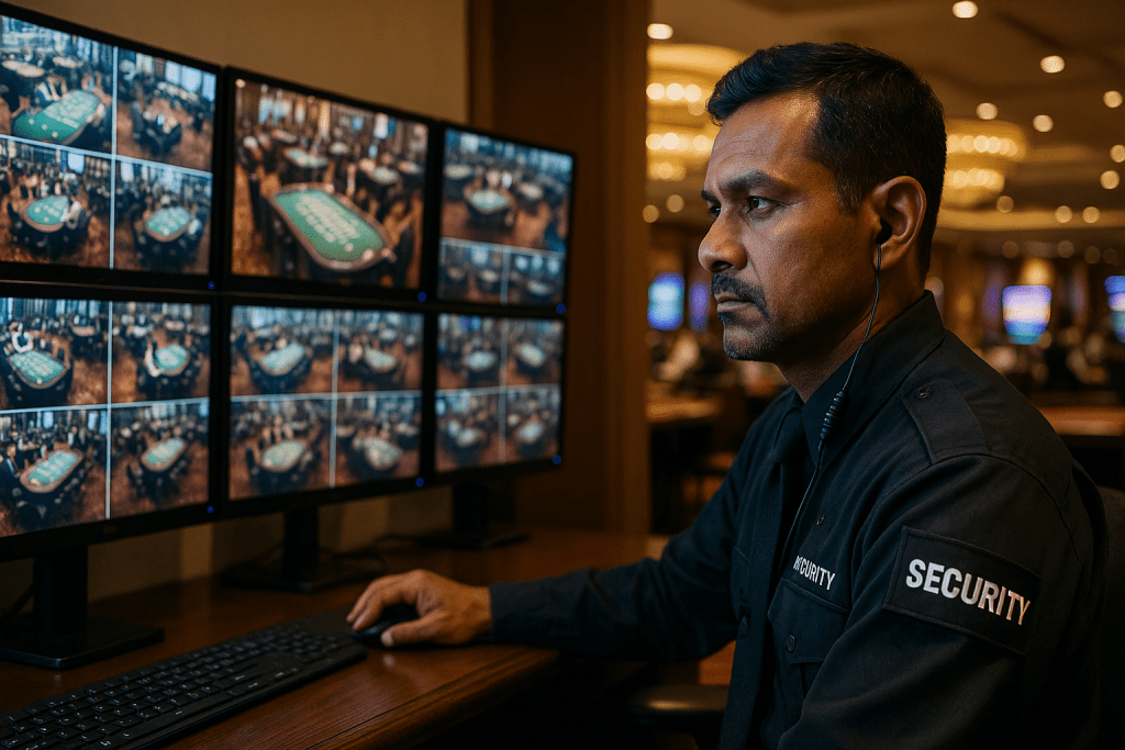 Casino security guard monitoring multiple CCTV screens for safe gaming environment