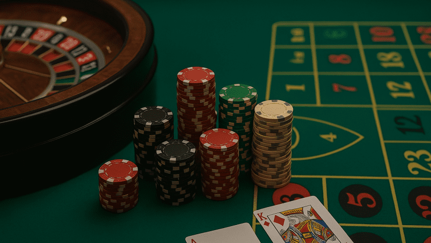 Roulette wheel, poker chips, and playing cards on a casino table showcasing popular Goa games at Casino Pride